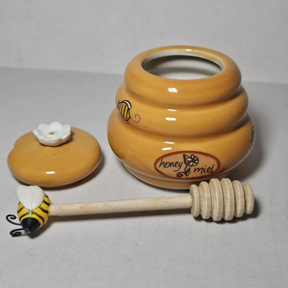Mini Honey Pot Ceramic Jar & Wood Dipper Beehive with Bee Honey Miel